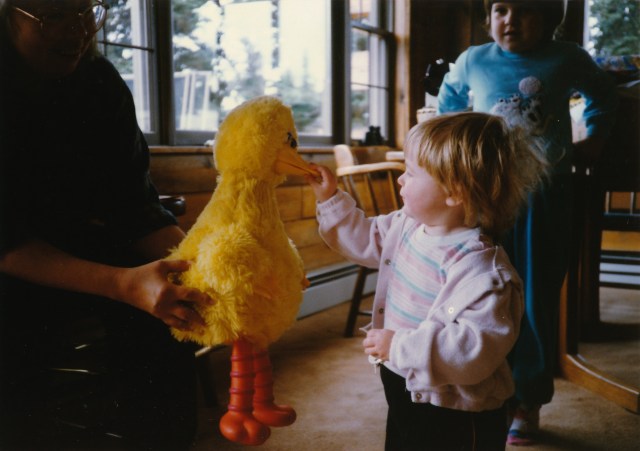 Deidre hands Big Bird to Leslie with Maureen in background